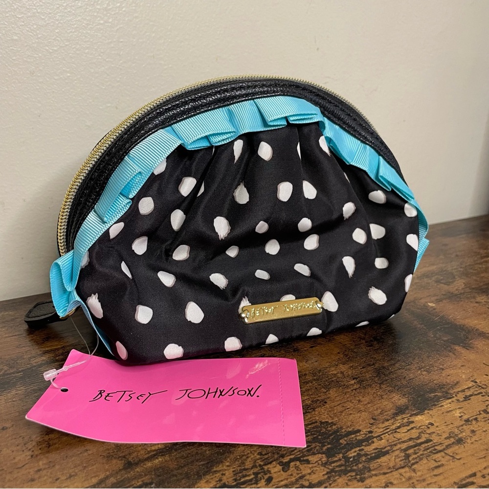 Betsey Johnson Black and White Polka Dot Bag with Blue Accents - Picture 2 of 5